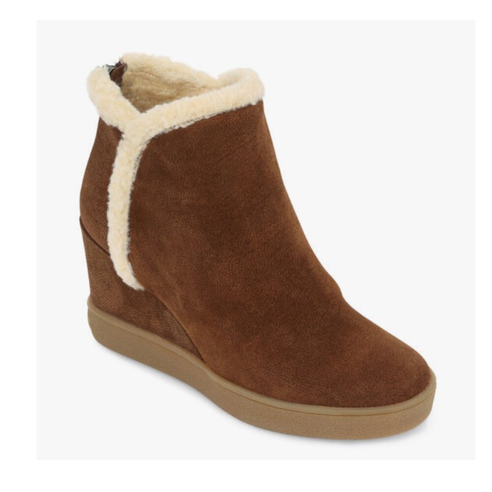 Aquatalia Chestnut Suede Shearling Lined Bootie Wedge  80mm $425 Women's 7